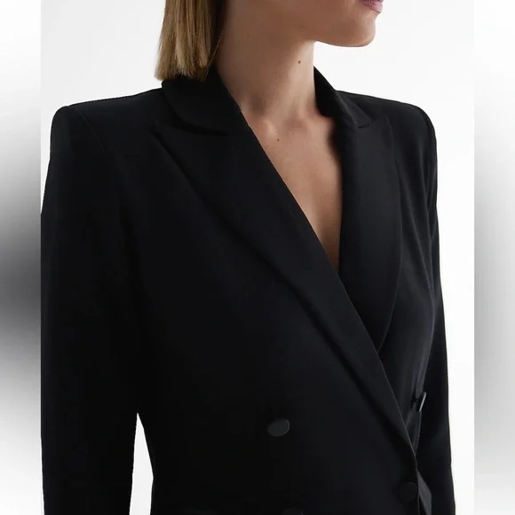 Express Double Breasted Padded Shoulder Tuxedo Maxi Blazer Dress Black Small NWT - Picture 3 of 15